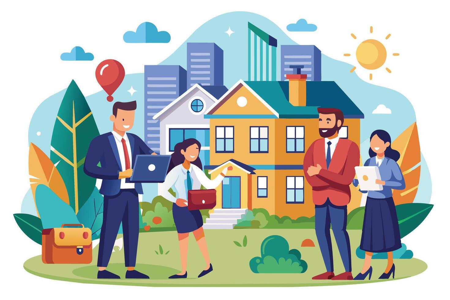 An illustration of four people, two real estate agents and two clients, standing outside a home in a city setting. vector