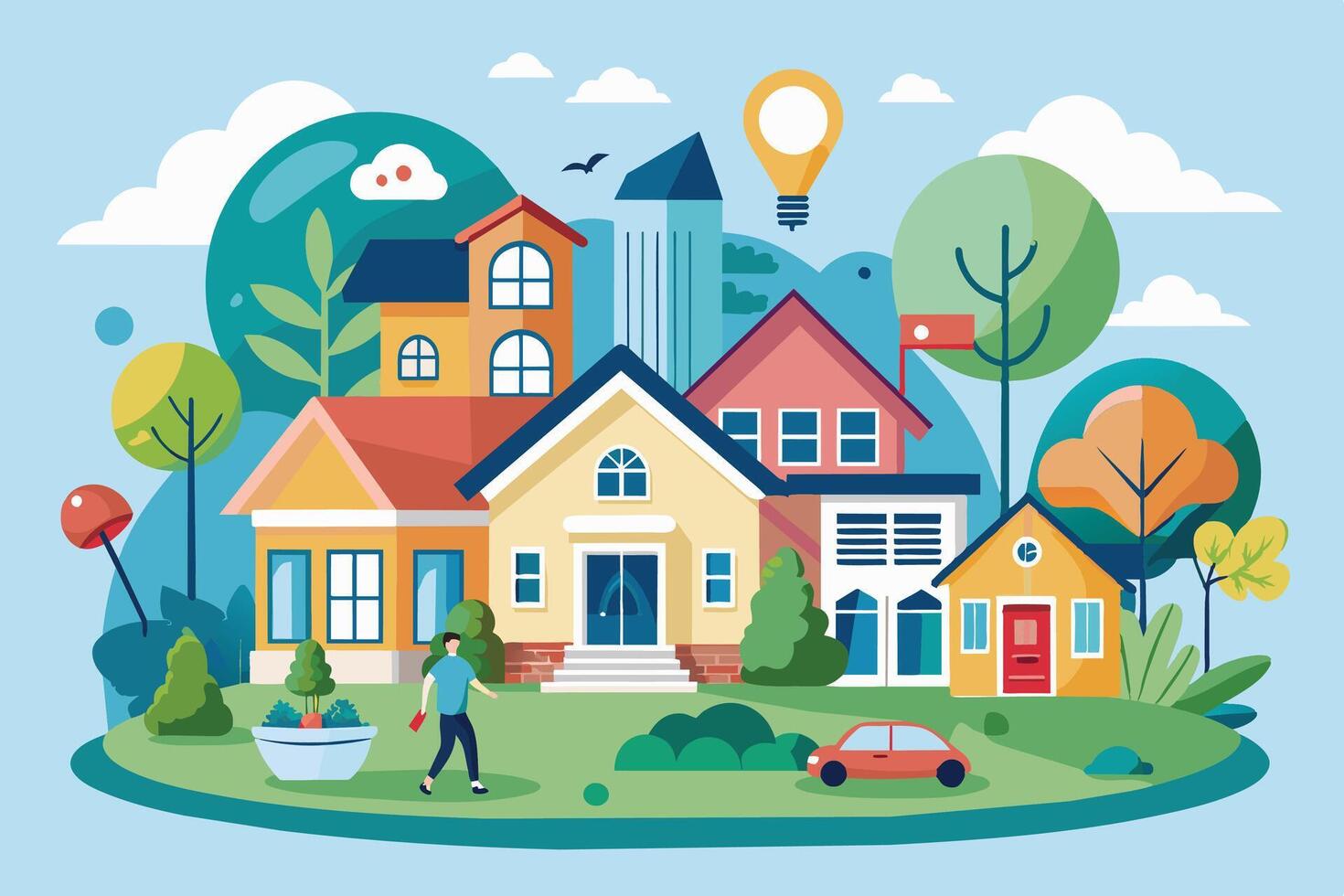 An illustration of a diverse and colorful suburban neighborhood with houses, trees, and a man walking on the sidewalk. A red car is parked in the driveway. vector