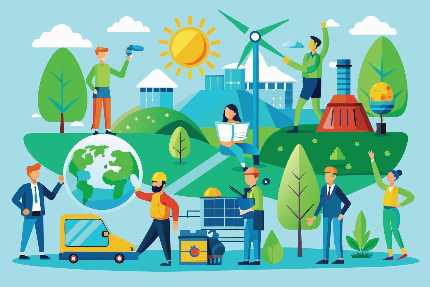 An illustration showing diverse people enjoying a green city with clean energy sources like solar panels and wind turbines. vector