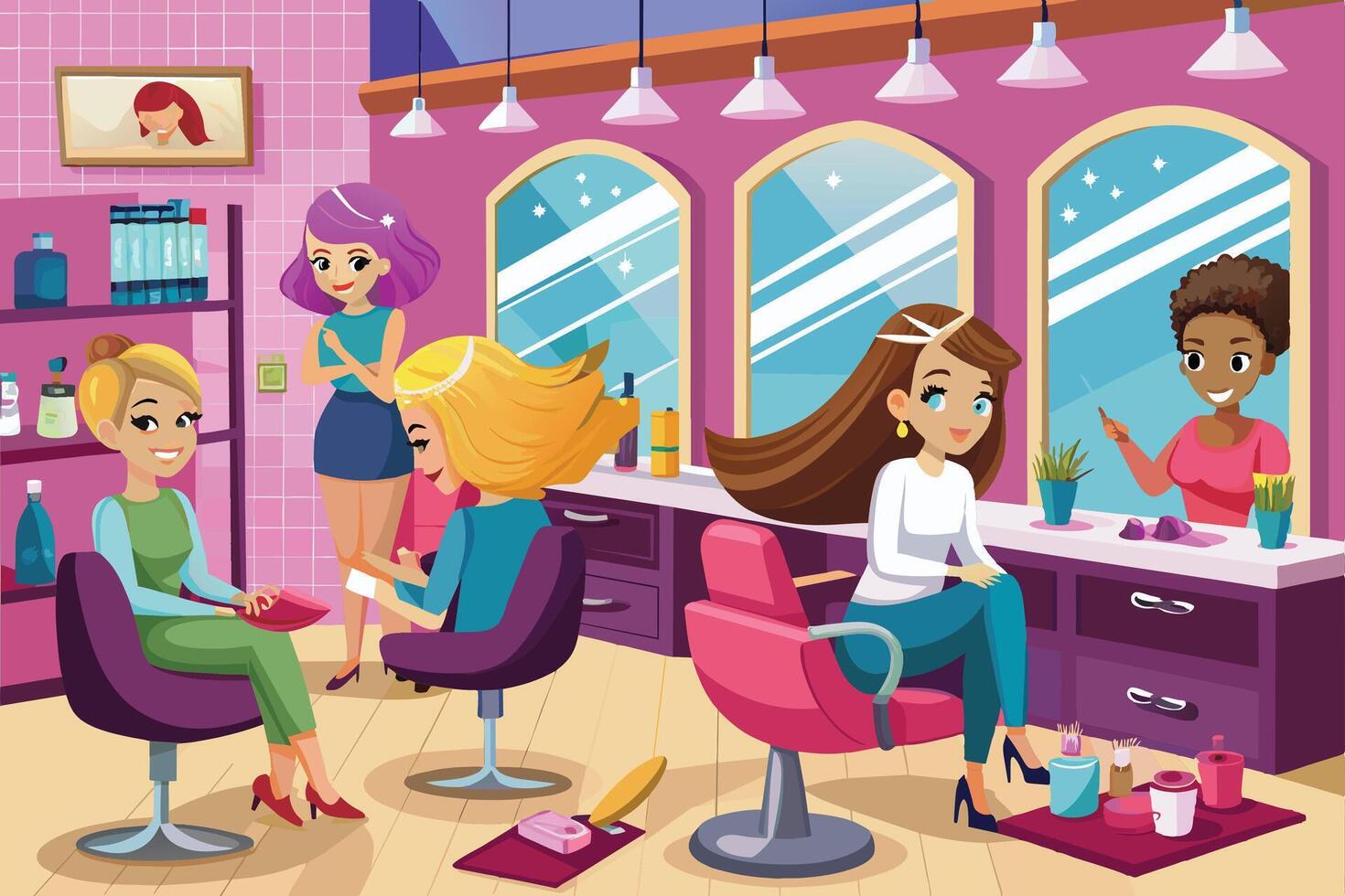 A colorful cartoon illustration depicting women getting their hair styled in a busy hair salon. The salon features multiple stations, mirrors, and styling tools. vector