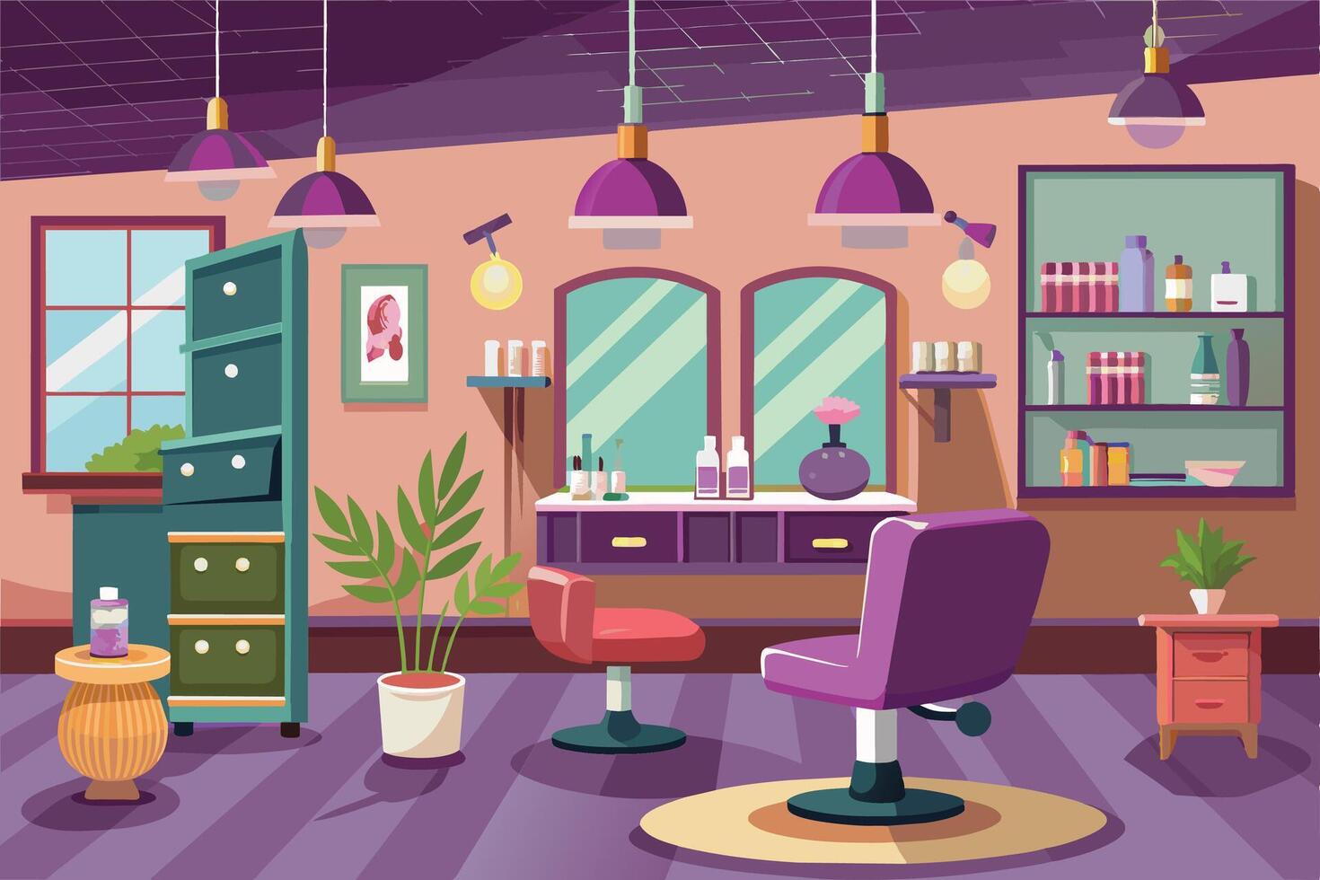 A colorful cartoon illustration depicting the interior of a modern hair salon, featuring a styling chair, mirrors, a vanity, and various other salon supplies. vector