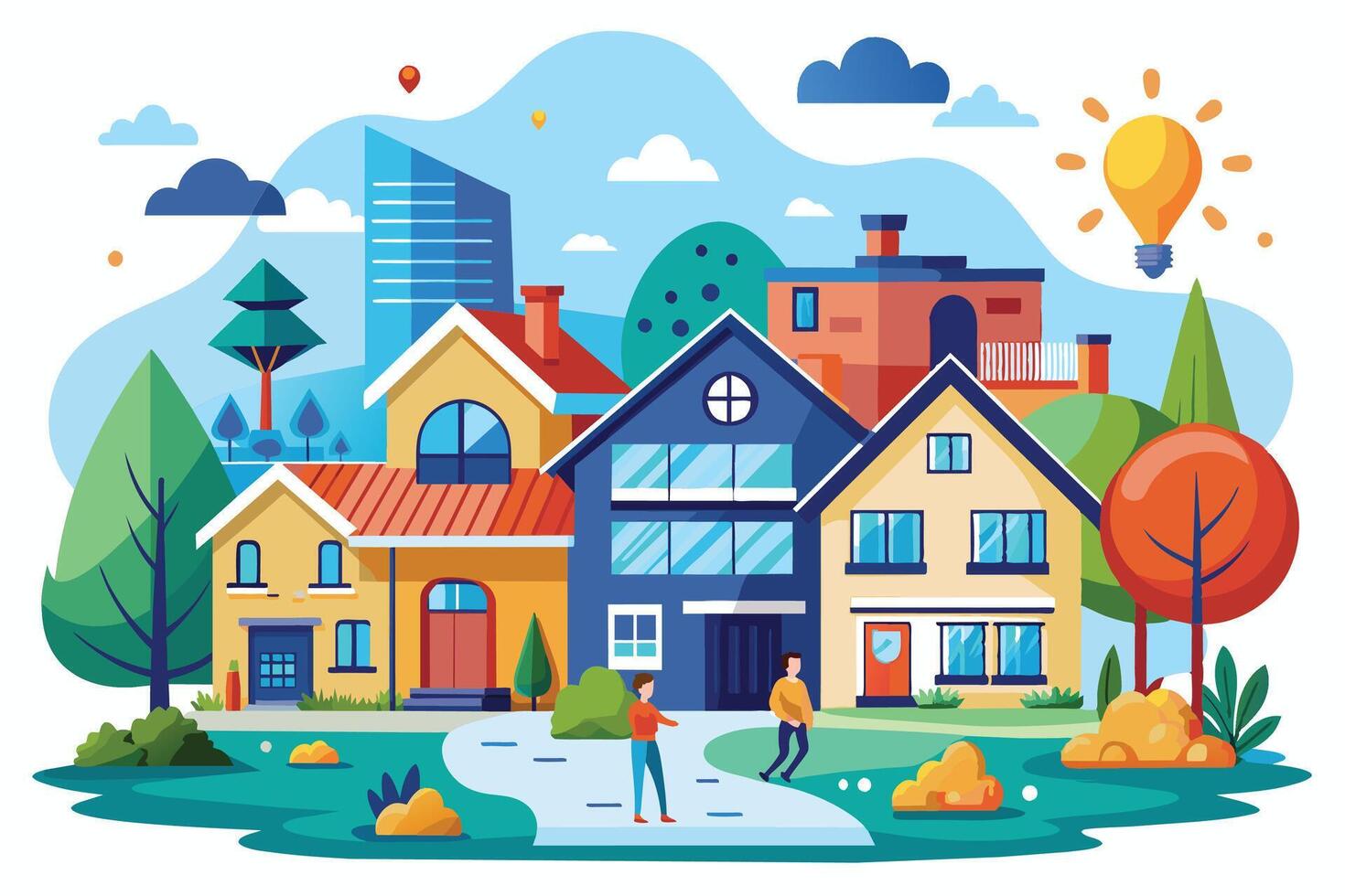 A cartoon illustration depicts a vibrant suburban neighborhood with colorful houses, trees, and a clear blue sky. Two people are walking on a sidewalk, enjoying the sunny day. vector