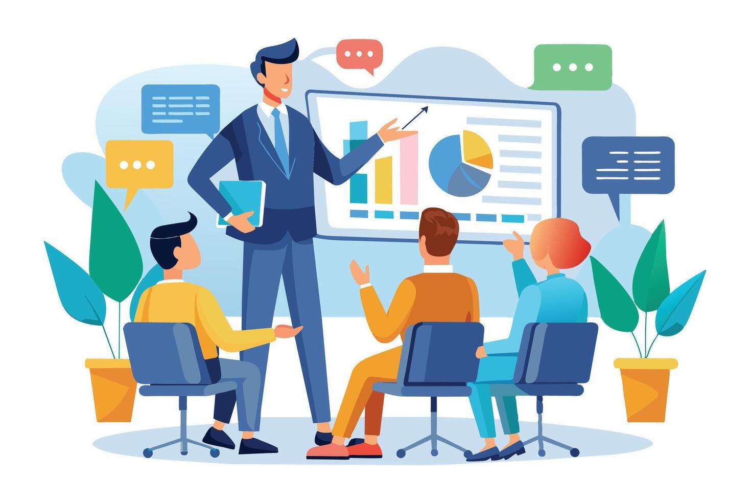An image of a businessman presenting to a team, showcasing data using a chart and graph. vector