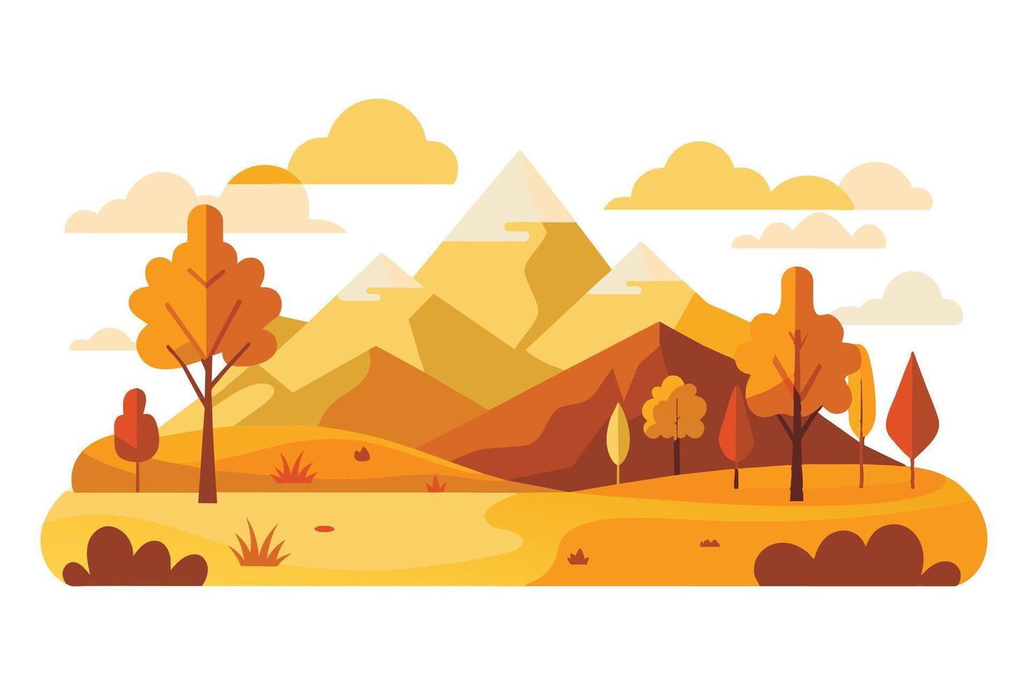 A vibrant illustration of an autumn landscape with a mountain range, trees, and clouds. vector