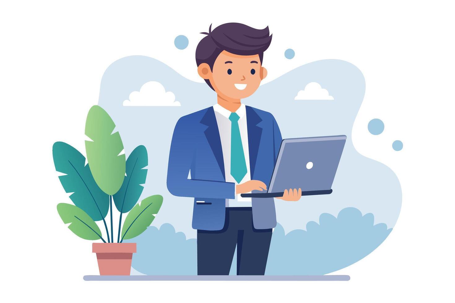 A cartoon image of a businessman in a blue suit working on a laptop computer, standing outside with a potted plant behind him. vector