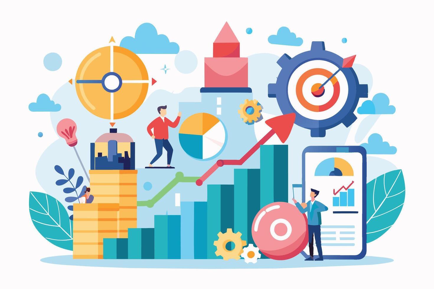 A colorful illustration depicting a business growth strategy with people working together and achieving goals. vector