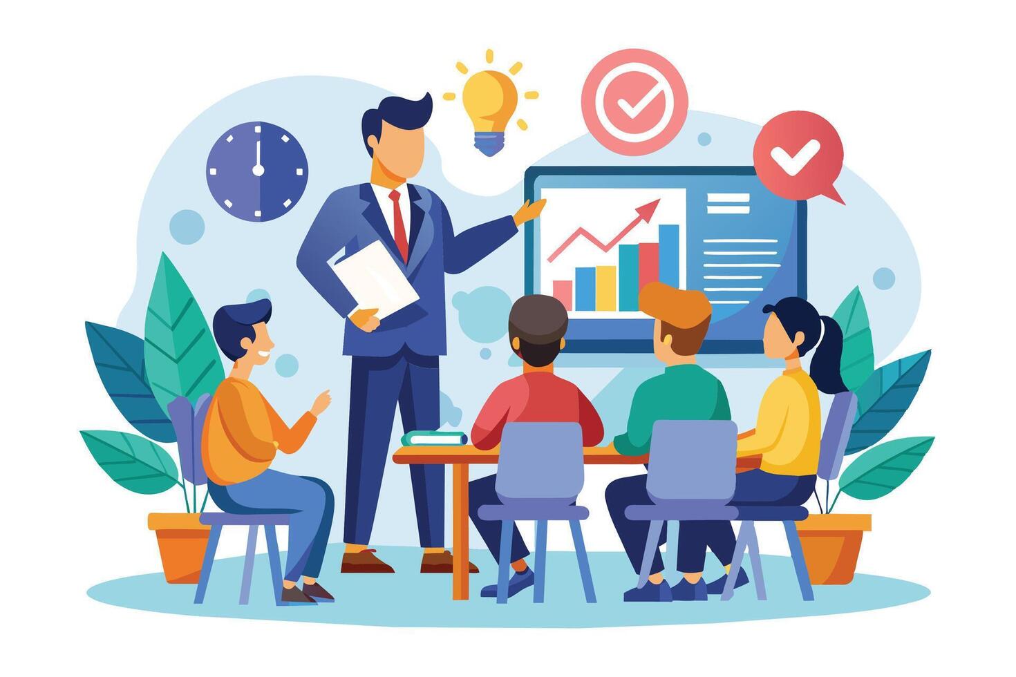 A businessman stands in front of a team of four people, presenting a chart depicting growth and success. vector