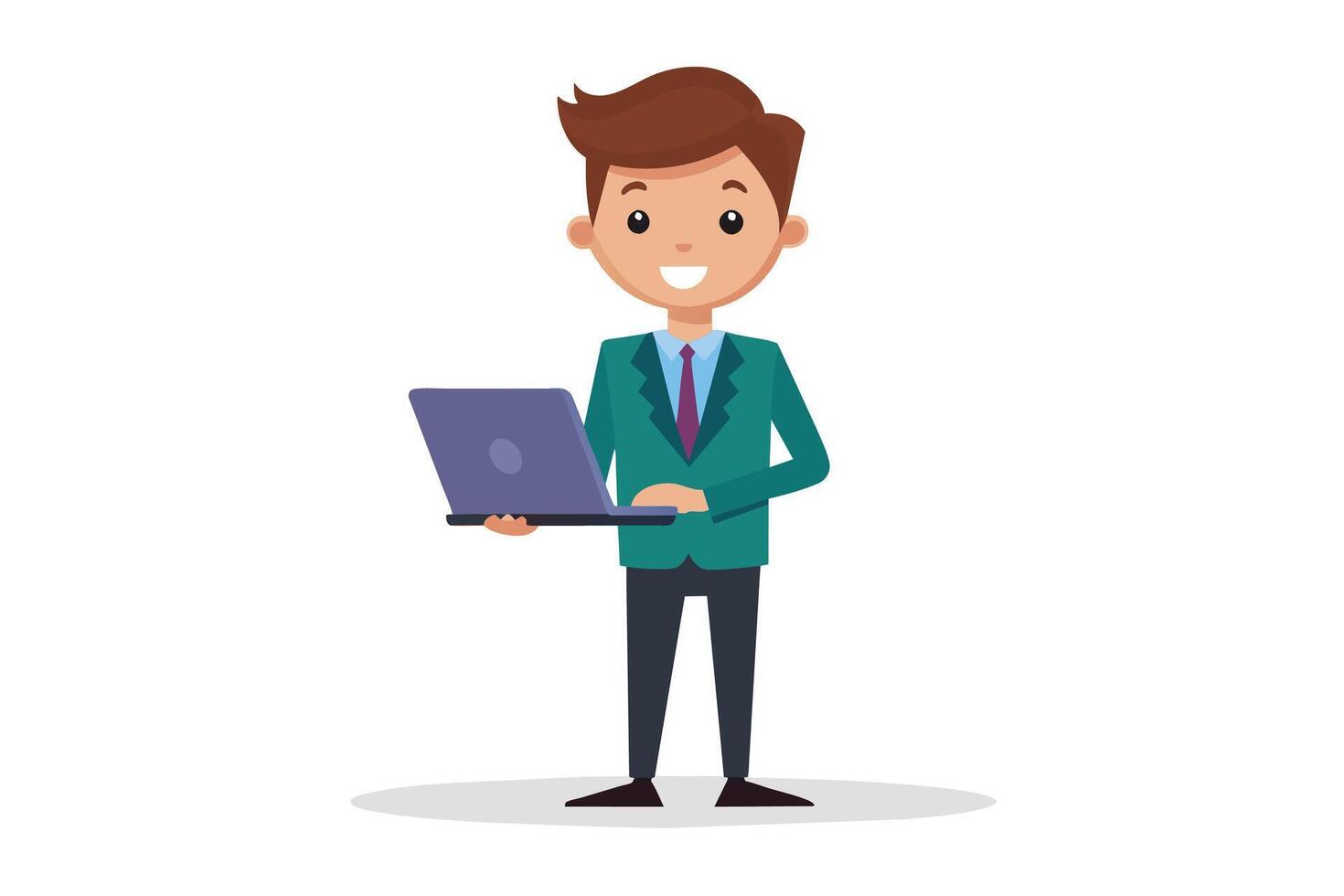 This image shows a happy businessman standing with a laptop in his hands. vector