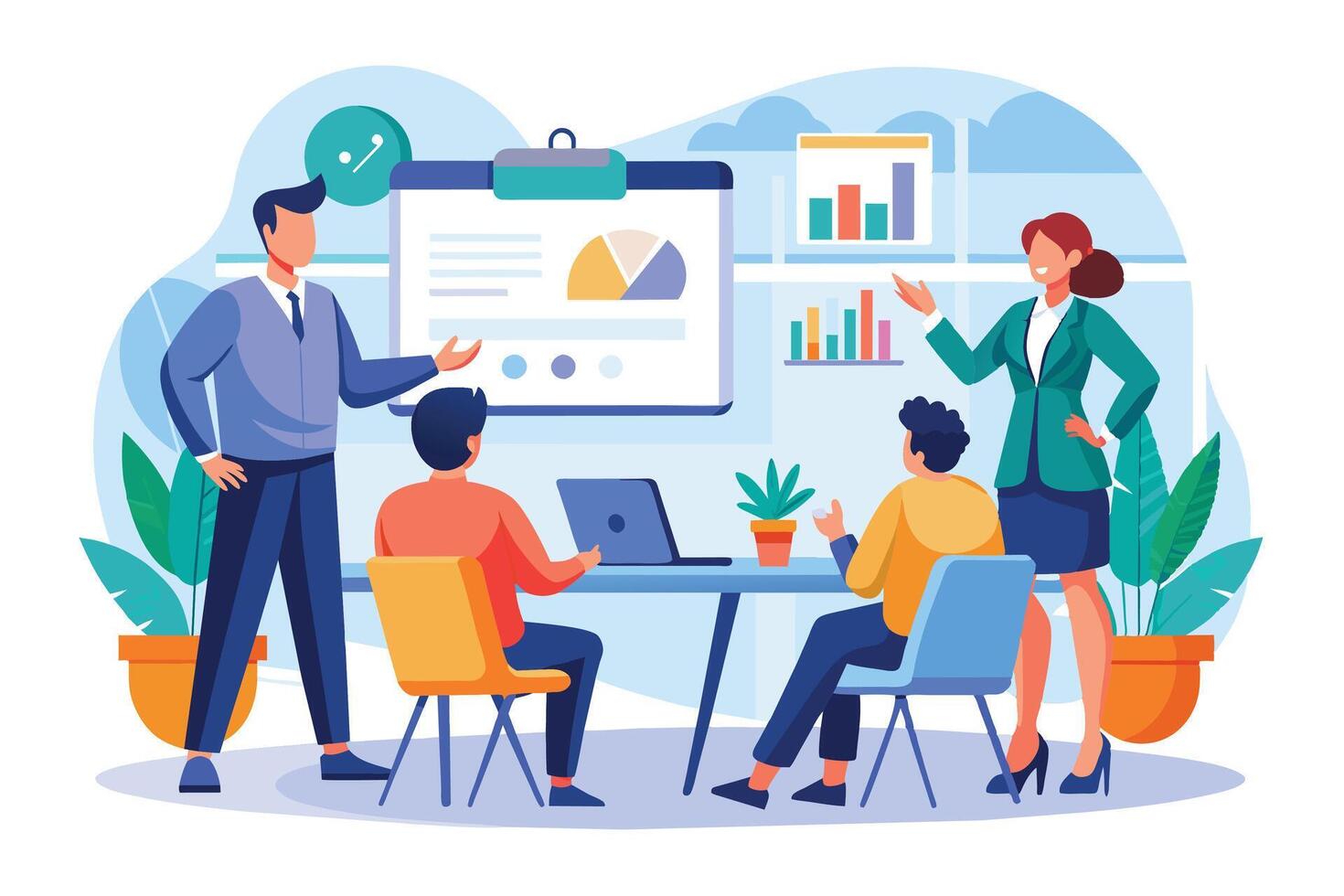 A group of business professionals are gathered around a table in a meeting. They are reviewing data and charts on a whiteboard, discussing their findings. vector