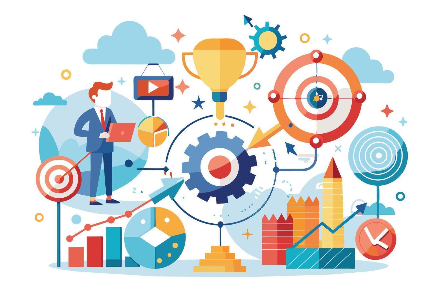 An illustration depicting a businessman working on a digital marketing strategy with goals, data, and a gear representing processes. vector