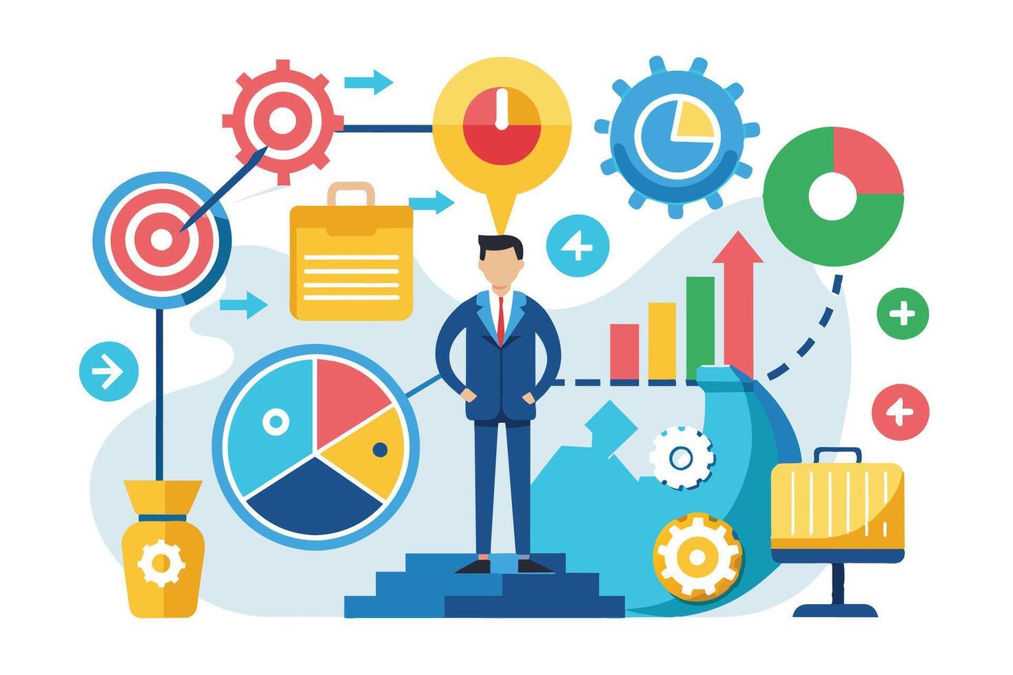 A businessman confidently stands on stairs surrounded by business goals and charts. Success surrounds him with targets, pie charts, graphs, and gears. vector