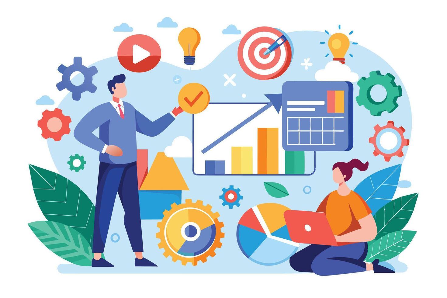 A cartoon illustration of two business people working together, analyzing charts, graphs, and data. The image suggests a team effort in developing strategy and achieving goals. vector