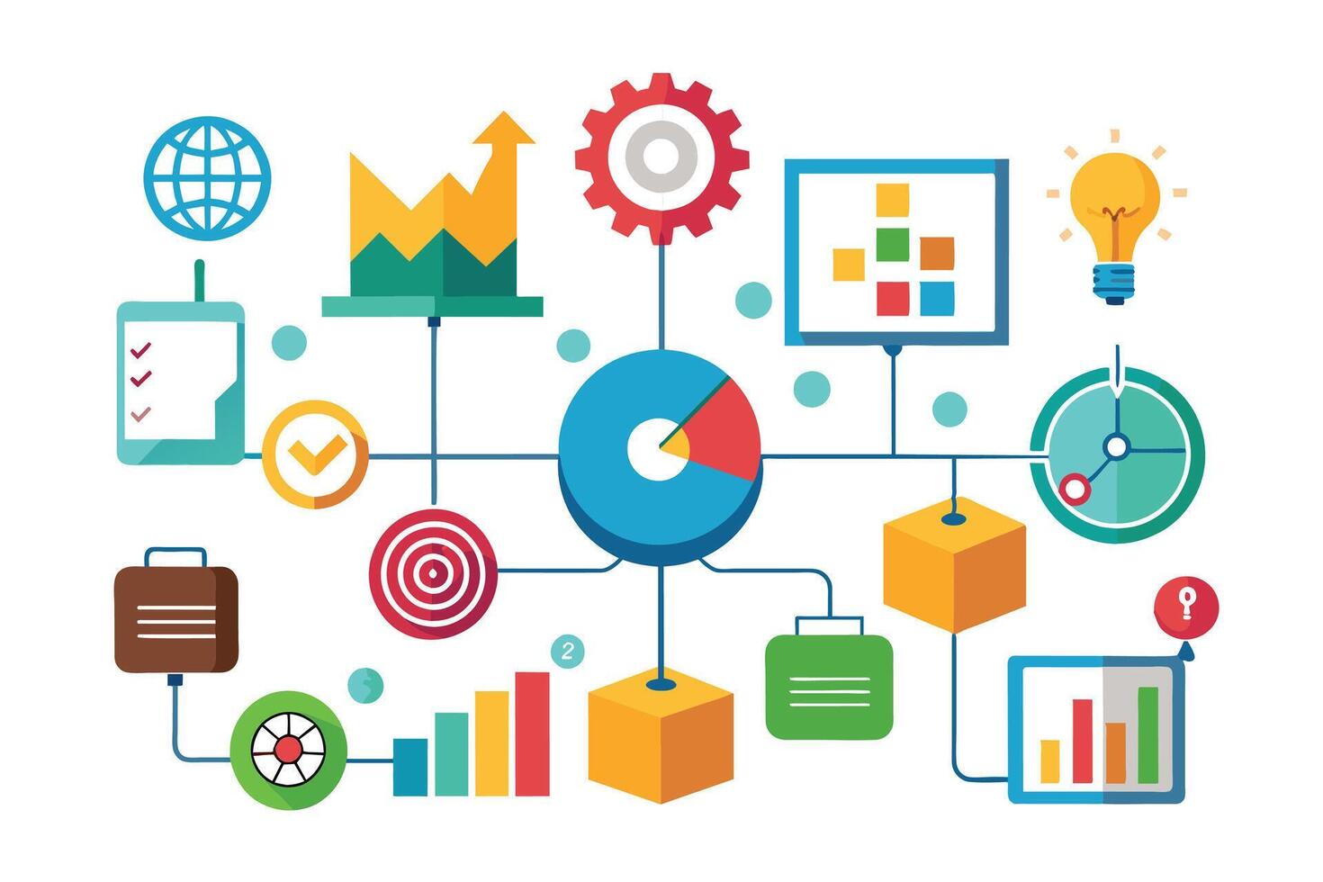 A visual representation of a business process, showcasing interconnected icons representing various stages and elements of workflow. vector