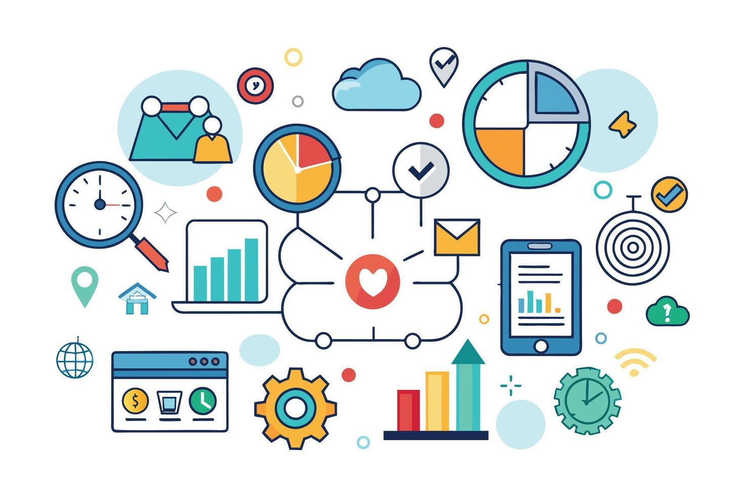 An illustration displaying a digital marketing strategy with icons for time management, data analysis, customer engagement, and goal setting. vector