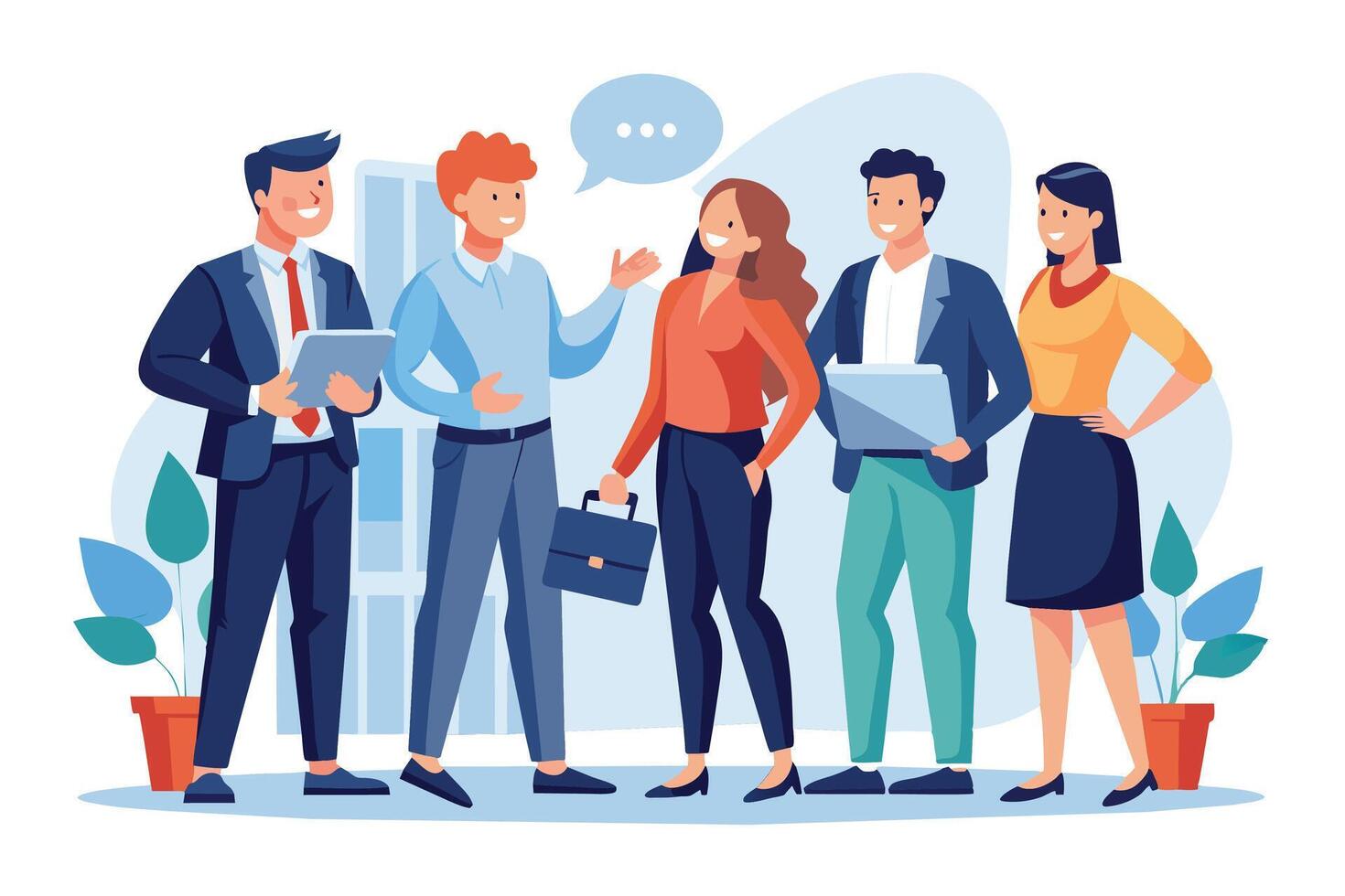 A group of diverse business professionals stand in an office setting, engaging in a conversation and collaborating on work. vector