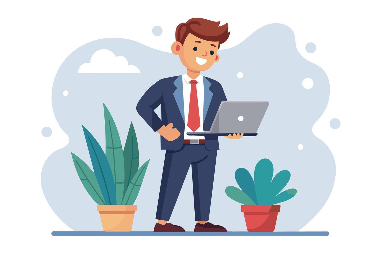 A smiling businessman stands with his hand on his hip, holding a laptop in front of him in a modern office setting. There are two plants in the background. vector