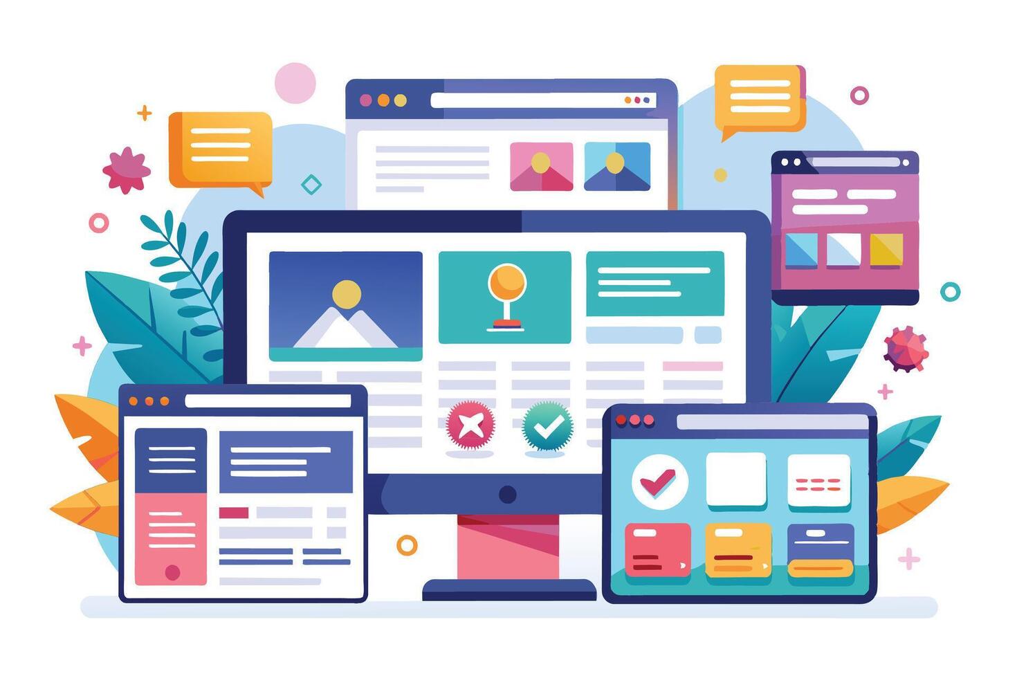 A modern desktop computer with open web browser tabs displaying text, images, and graphics, set against a backdrop of stylized foliage and digital elements. vector