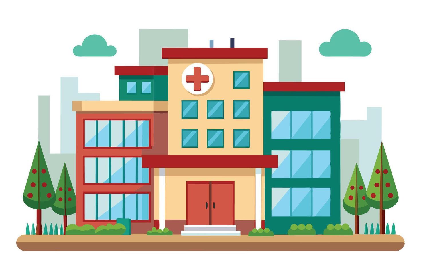 Cartoon of modern city hospital with red cross entrance and green trees beside the building, multiple floors with windows. vector
