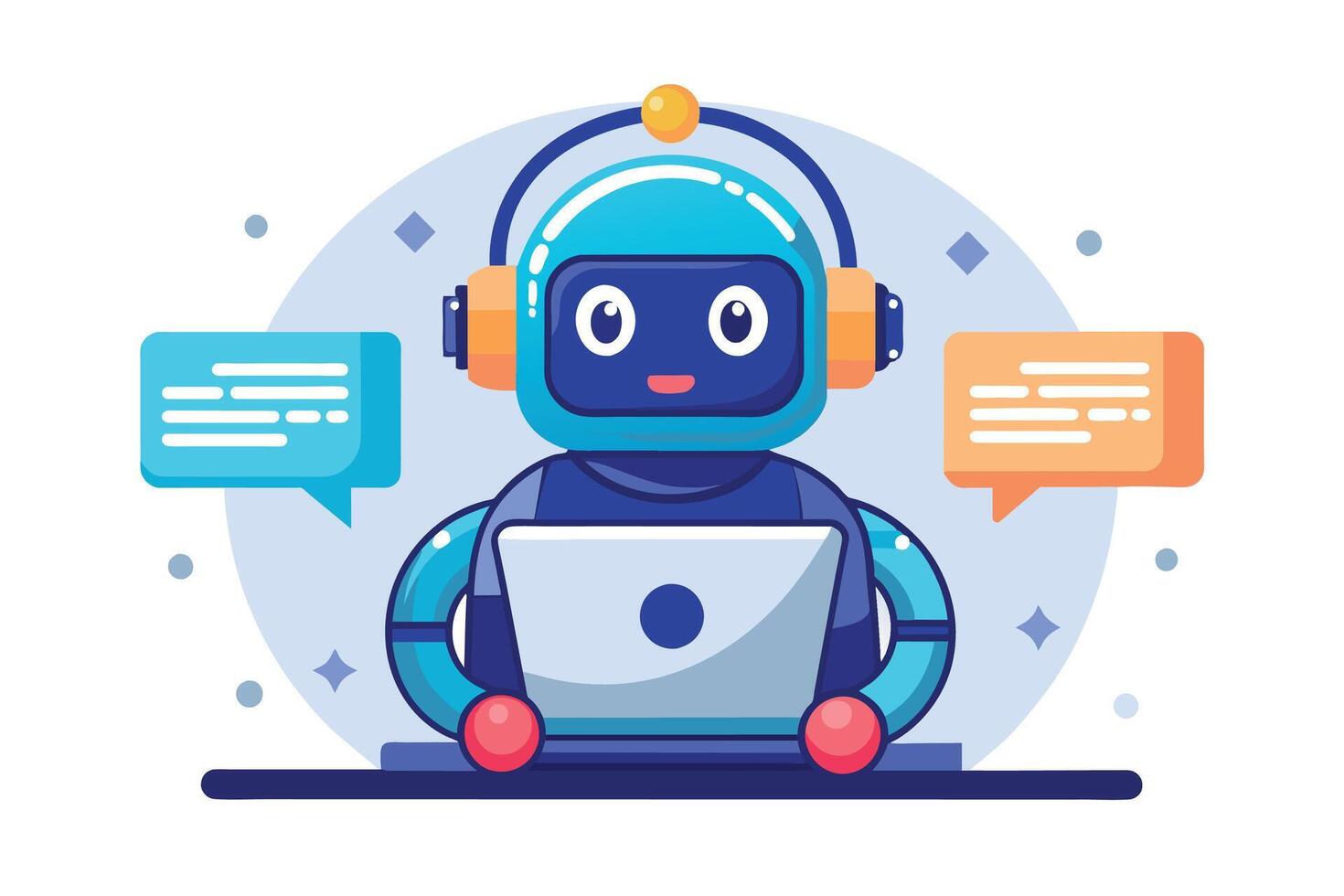 un dibujos animados robot con un auriculares y un contento expresión se sienta en frente de un ordenador portátil y interactúa con habla burbujas vector