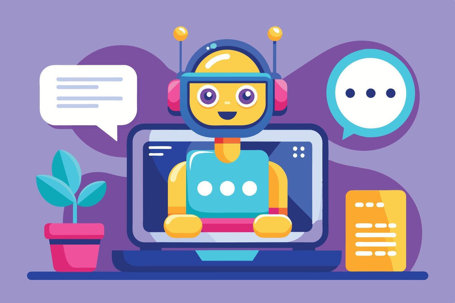 A cheerful robot with antennas and a blue shirt is on a laptop screen, providing customer service. There are speech bubbles with text, indicating conversation and support. vector