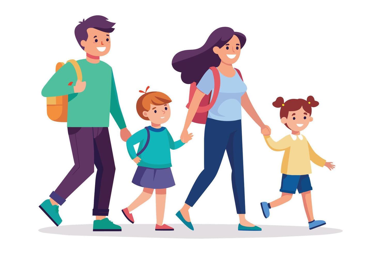 A cartoon illustration of a happy family walking to school. The parents are holding the hands of their two children. vector