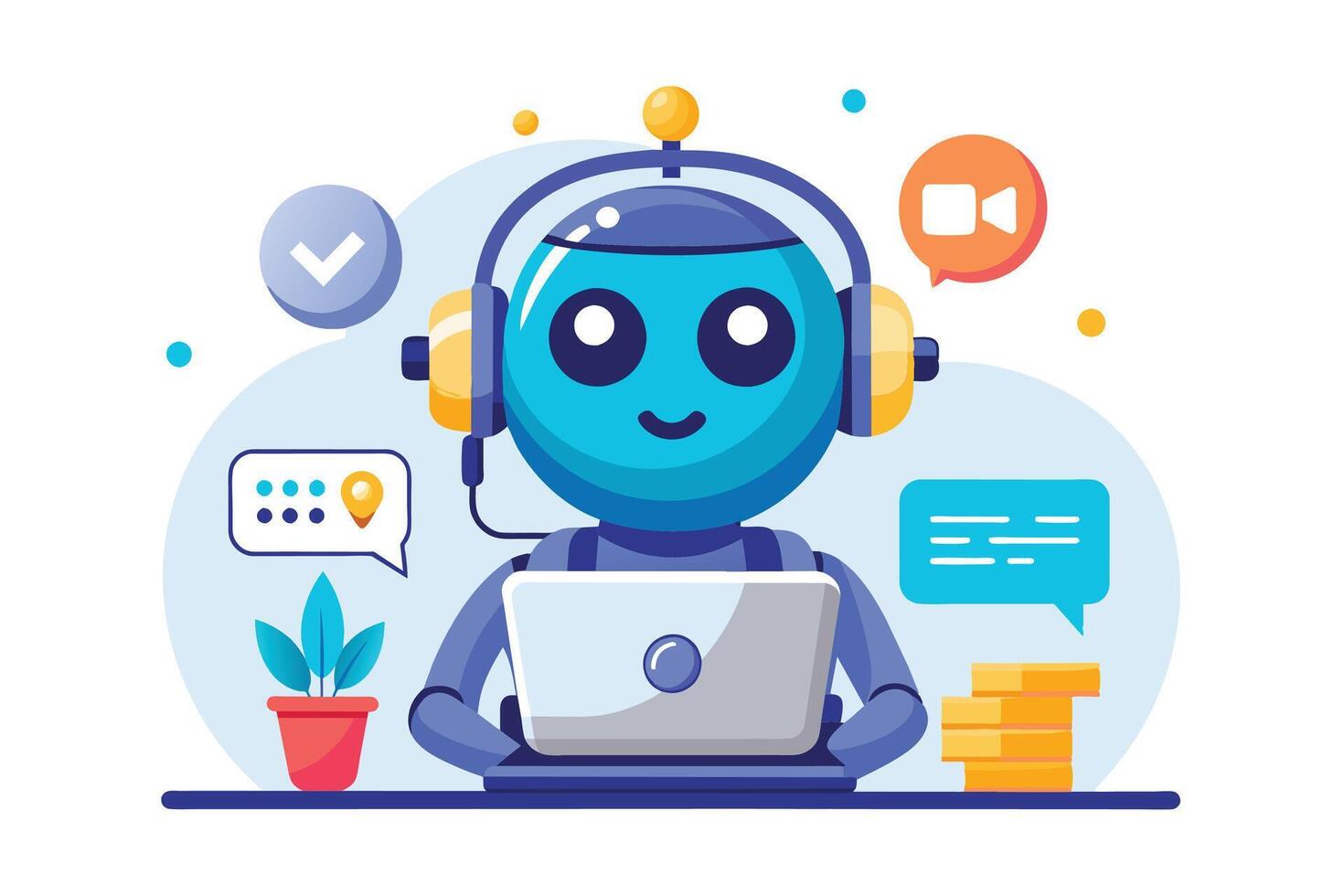 A blue robot with a headset, a friendly smile, and a laptop in front of them. The robot is surrounded by chat bubbles, suggesting communication and support. vector