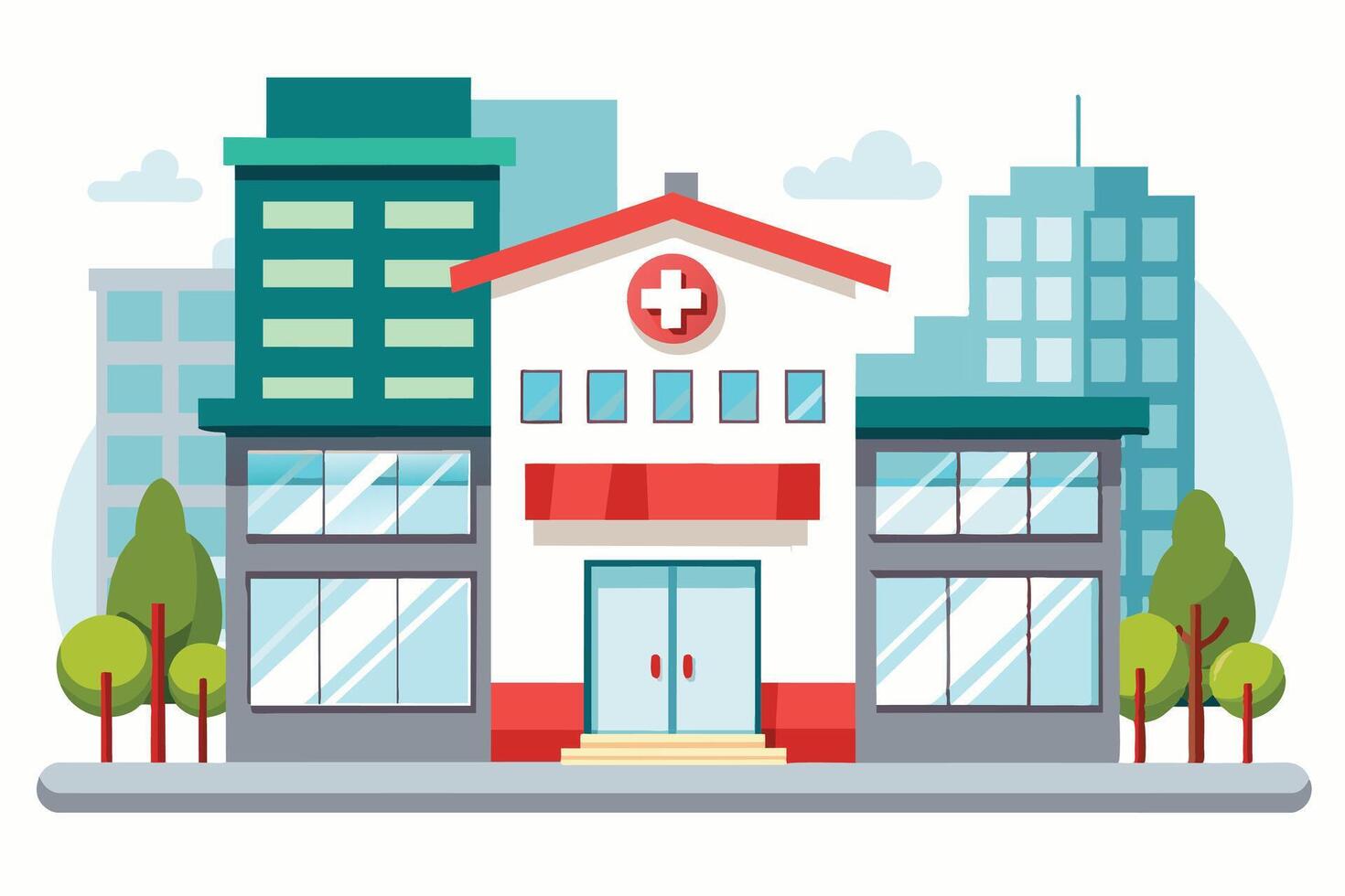 An illustration of a city hospital building with a red roof, double doors, and a red cross sign. vector
