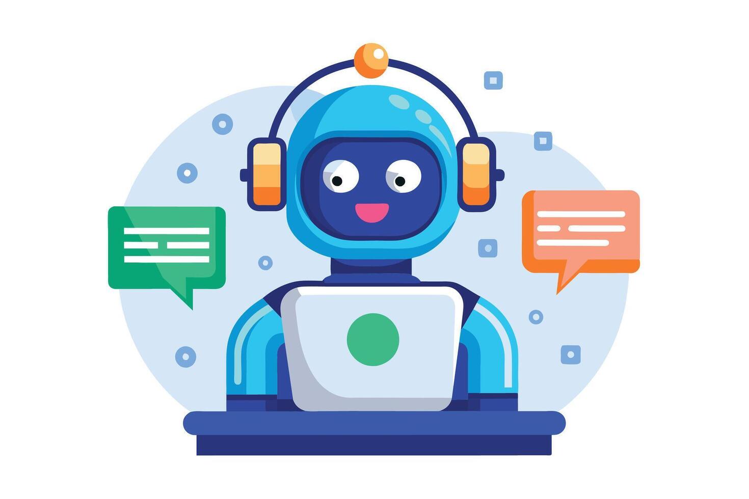 A cartoon robot, with blue skin and orange headphones, is smiling as it sits at a desk using a laptop computer. Two chat bubbles float nearby, one green and one orange. vector