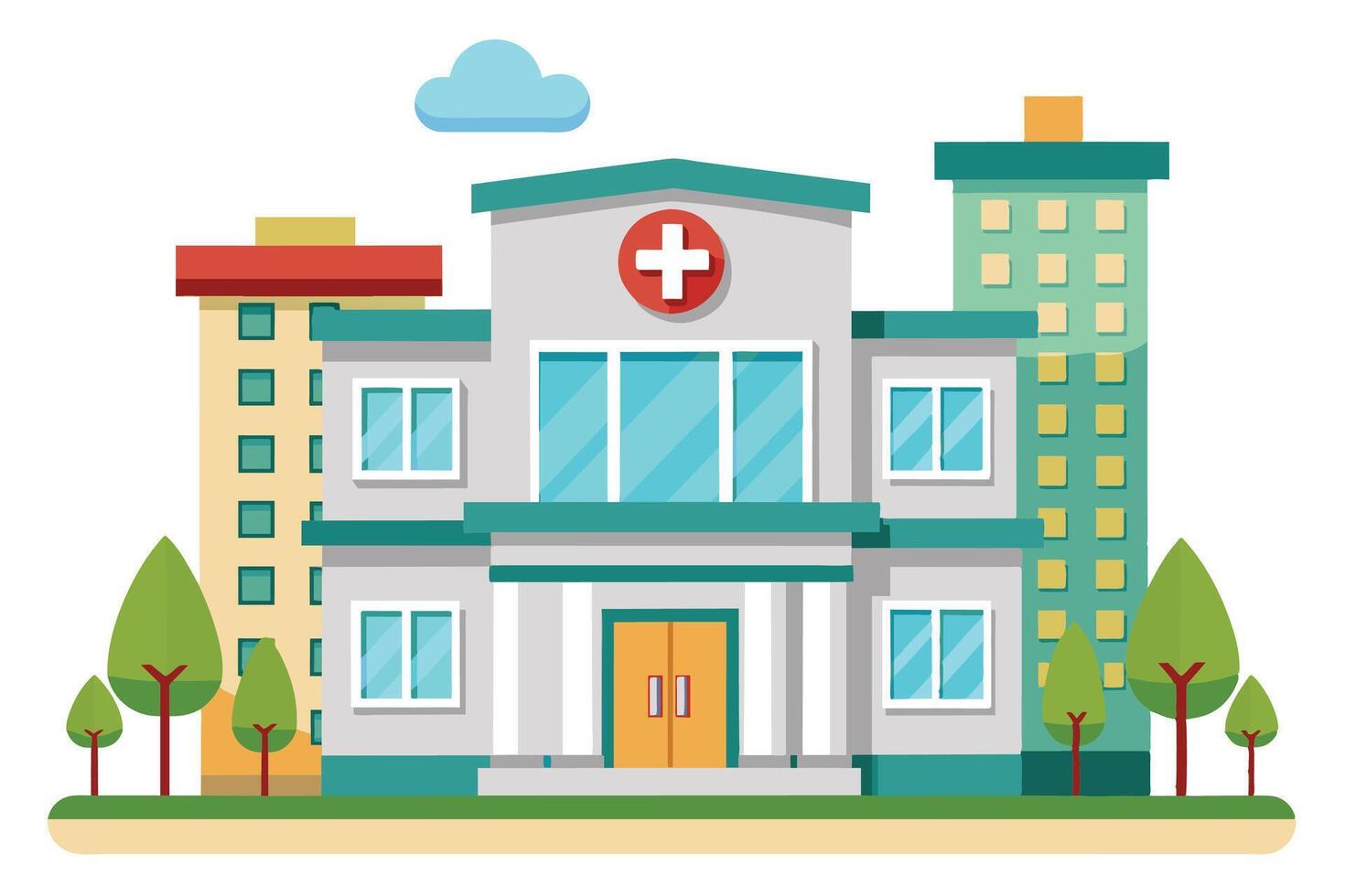 A flat illustration of a modern hospital building with a red cross sign, green trees in front, and a tall building to the right. vector