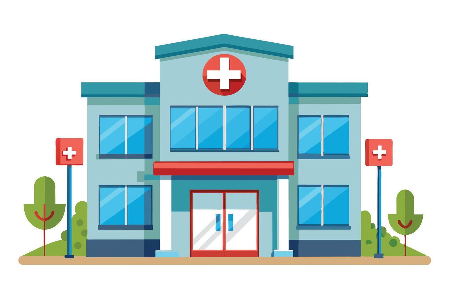 A cartoon-style illustration of a modern hospital building featuring a red cross symbol, double doors, and trees. vector