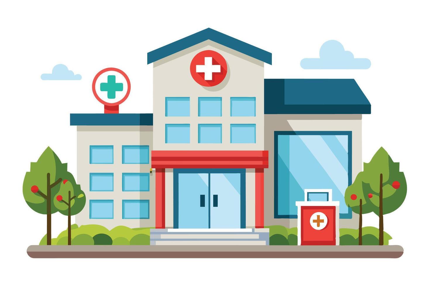 A cartoon illustration of a modern hospital building with a red cross sign, green trees, and a blue sky. vector