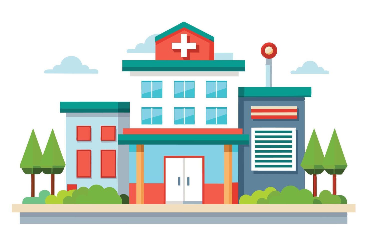A colorful cartoon illustration of a modern hospital building with a red cross on top, surrounded by trees and greenery. vector