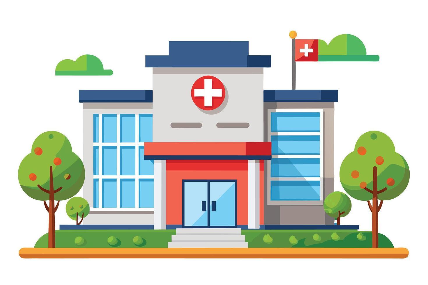 A colorful illustration depicting a modern hospital building with a red roof and a large white cross on the front. The building is surrounded by green trees and a flag with a red cross. vector