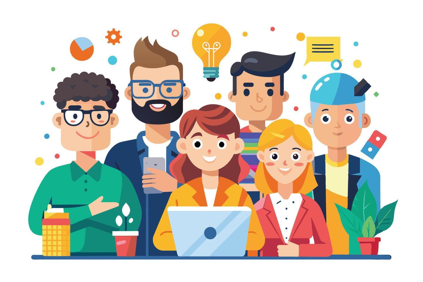 An illustration of a group of six diverse people working together on a project. They are all smiling and appear to be collaborating effectively. vector
