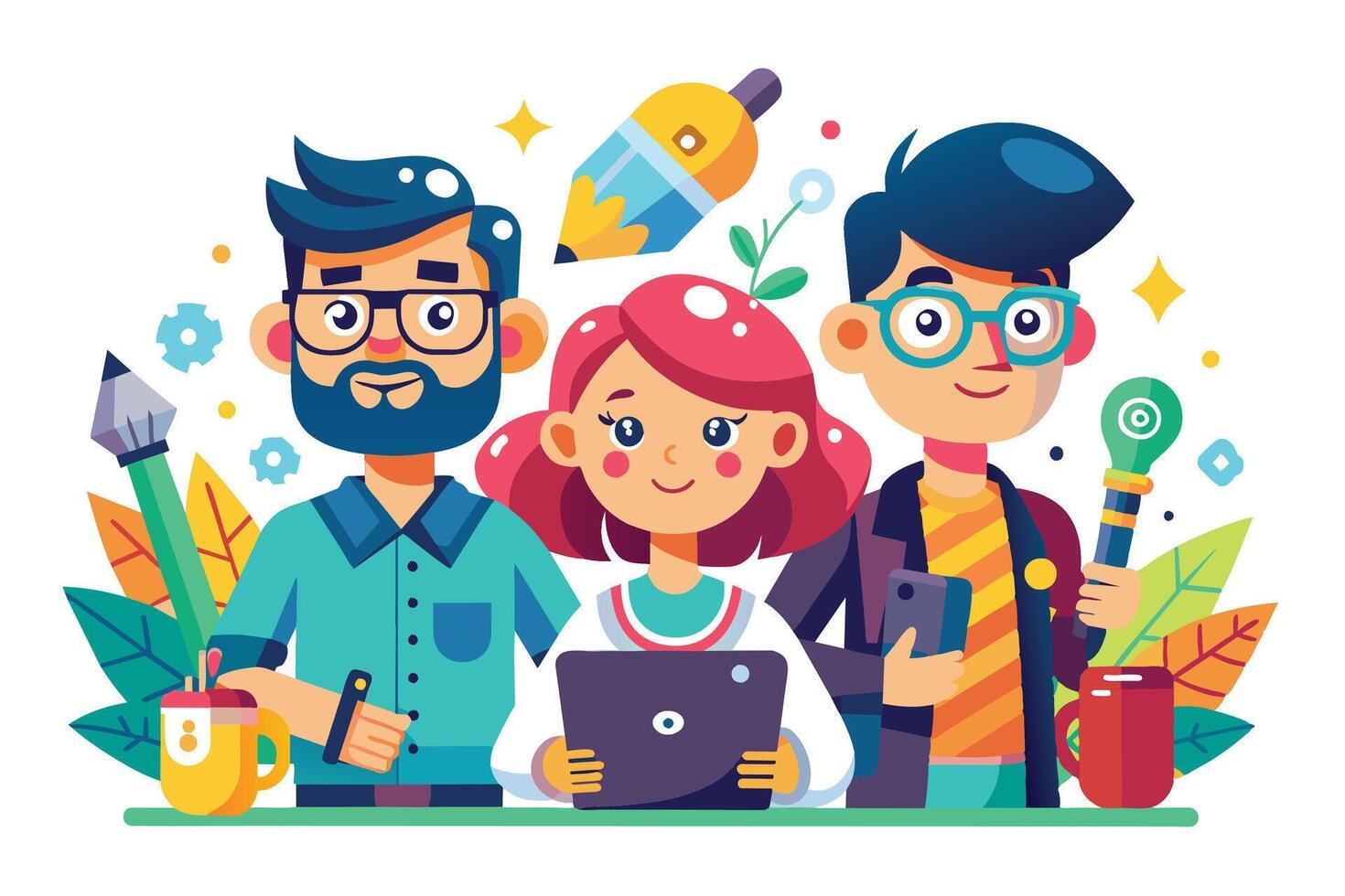 Three cartoon characters, two males and one female, are working together on a project. They are all smiling and appear to be enjoying their work. vector