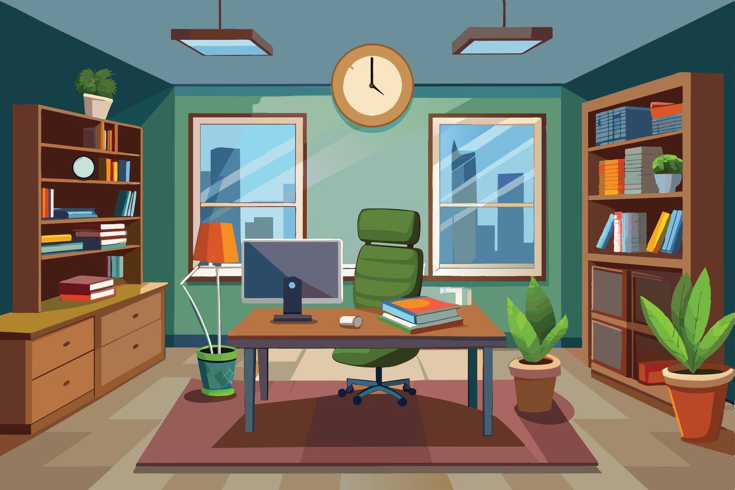 This cartoon image shows a modern home office with a desk, computer, chair, bookshelves, and plants. It has large windows overlooking a city skyline. vector