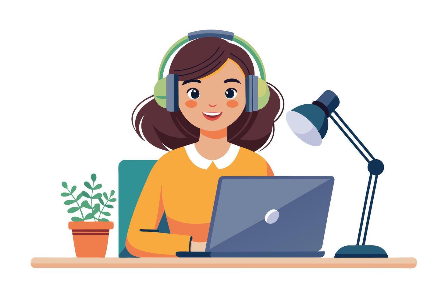 A young woman with headphones smiles while using her laptop at a desk, working from home with a plant and lamp. vector