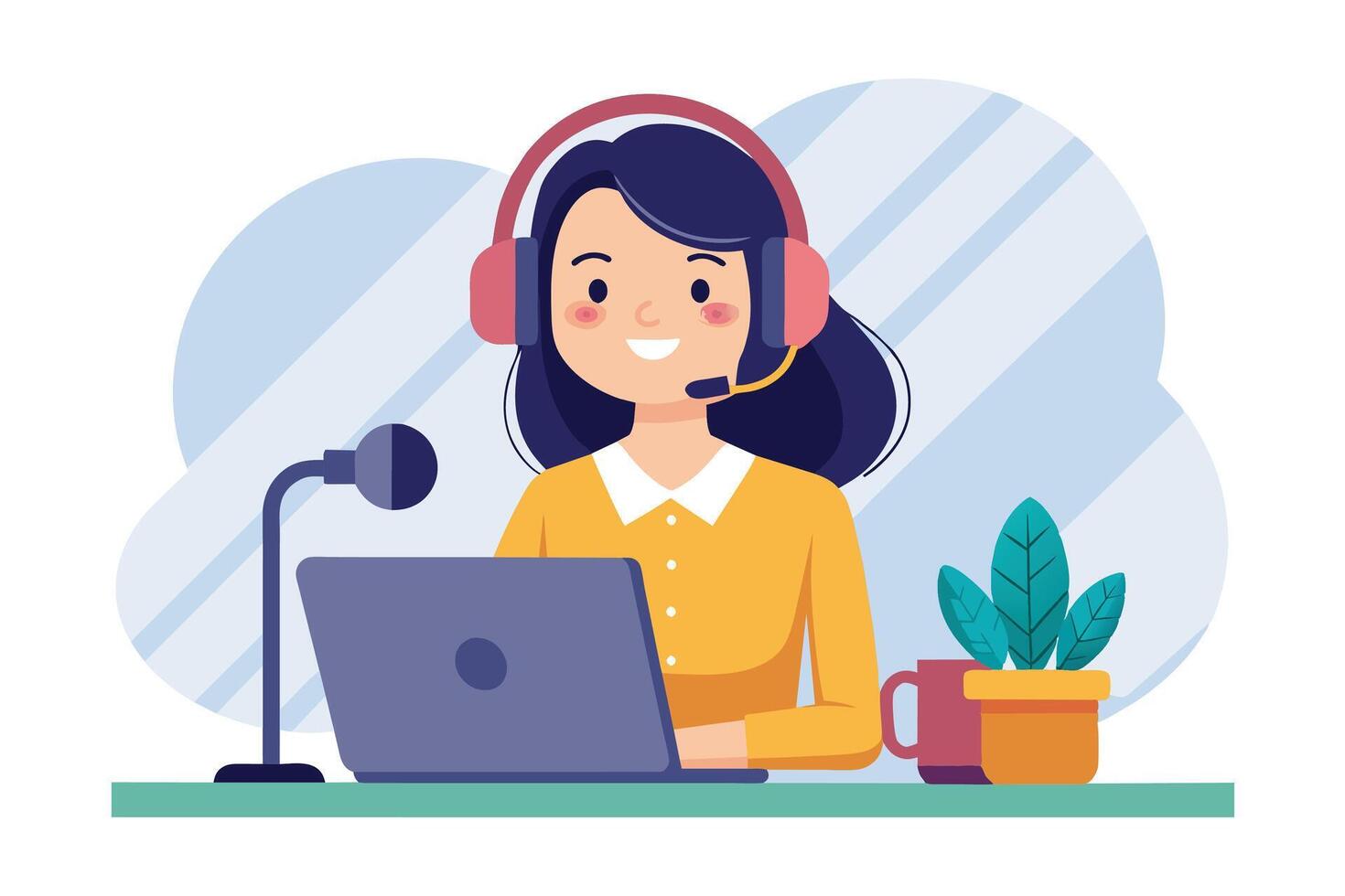 A cartoon illustration of a female customer service representative smiling while working at a desk with a laptop and headset on. vector