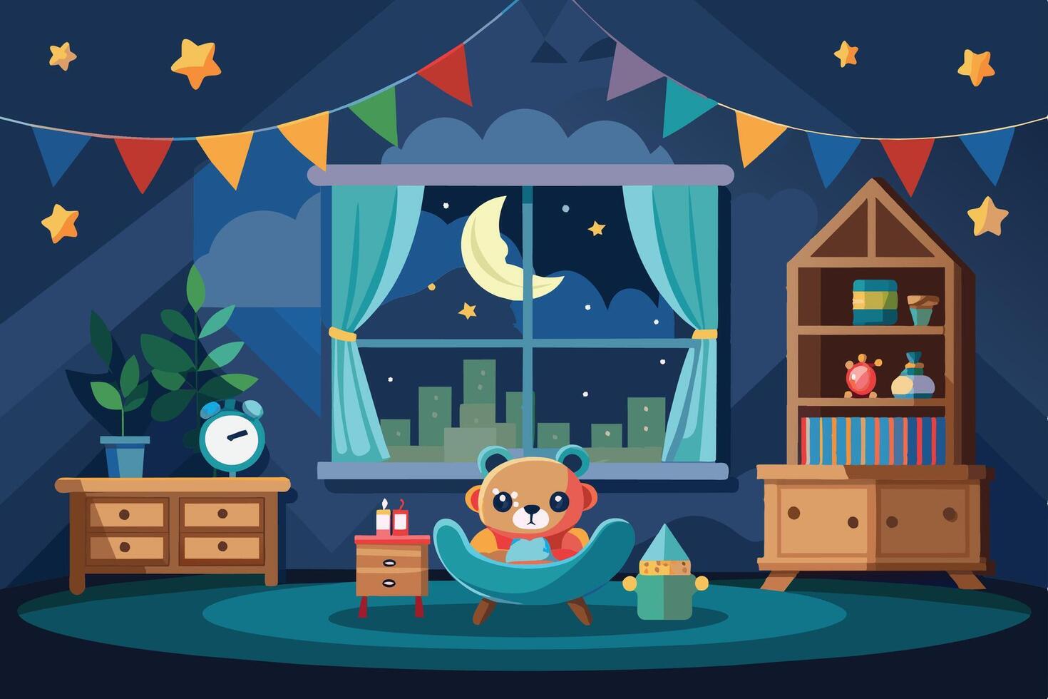 A colorful illustration depicting a kids room at night. A teddy bear sits in a blue armchair with a cityscape view outside the window. vector