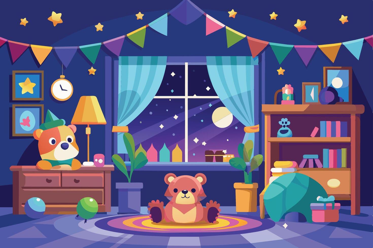 A cartoon of a teddy bear birthday party in a room decorated with streamers and balloons. The room is lit with a lamp, window shows a starry night. vector
