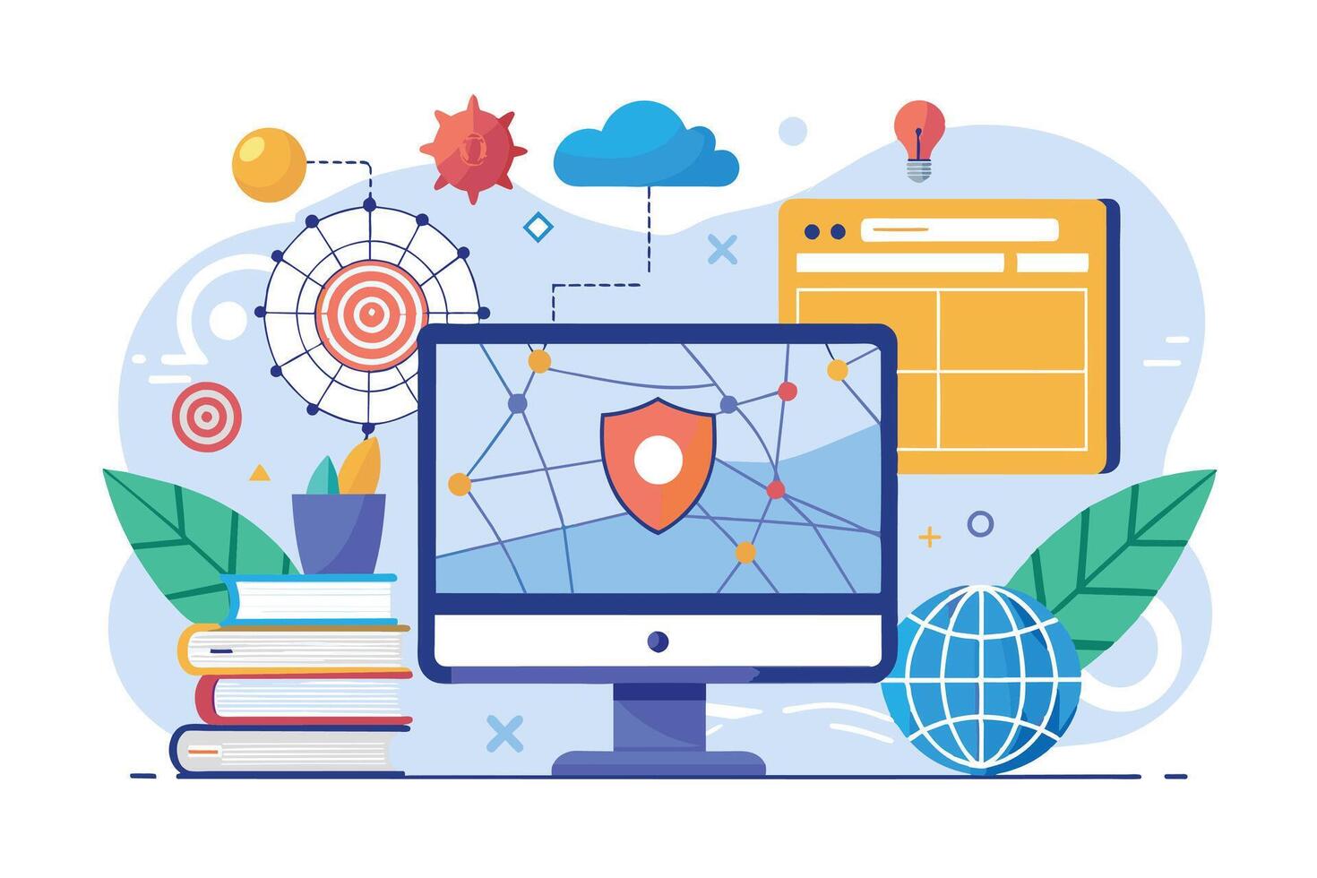 Illustration depicting a digital learning experience with secure access to online resources, connected network, global reach, and a library of educational materials. vector