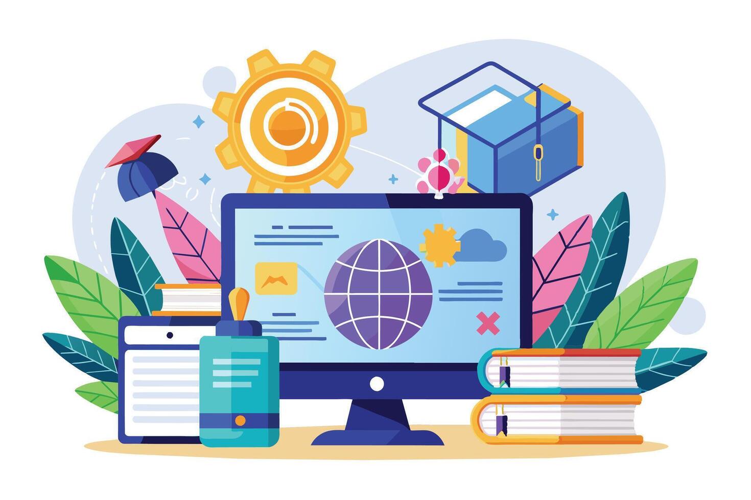 An illustration depicting a computer screen displaying a world globe, surrounded by books, gears, and graduation caps, symbolizing the global reach and accessibility of online education. vector
