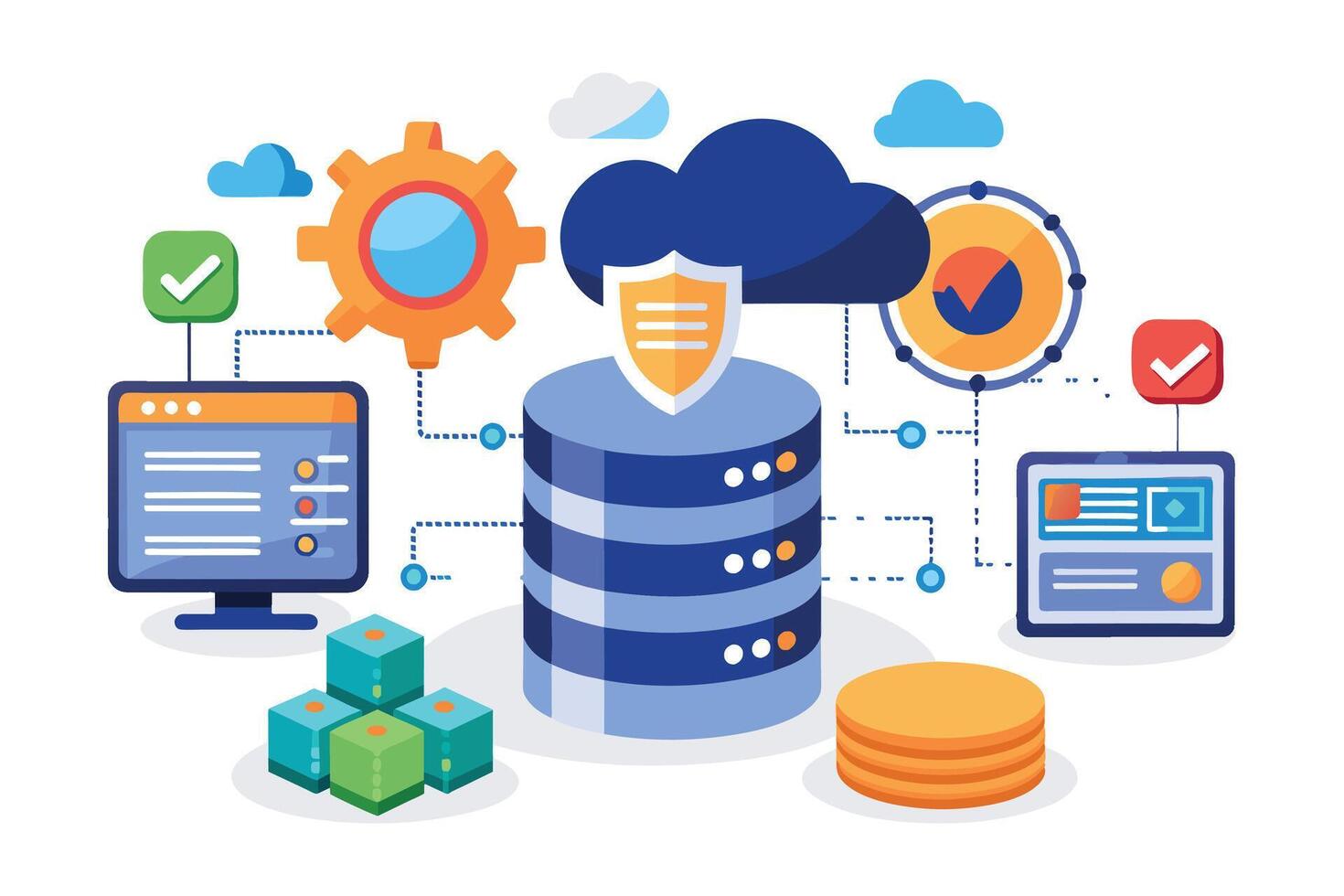 Illustration depicting a secure cloud database system with multiple connected devices, including a computer, mobile device, and data storage. vector