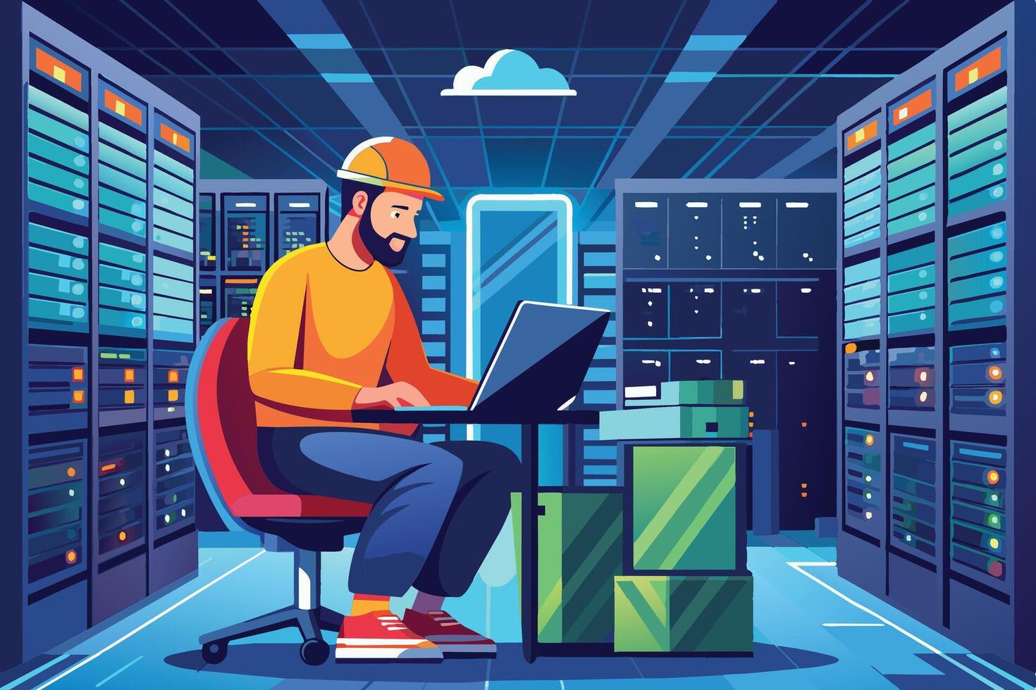 A man with a beard sits on a red chair working on a laptop in a server room with rows of servers on either side. The room is lit by a blue light. vector