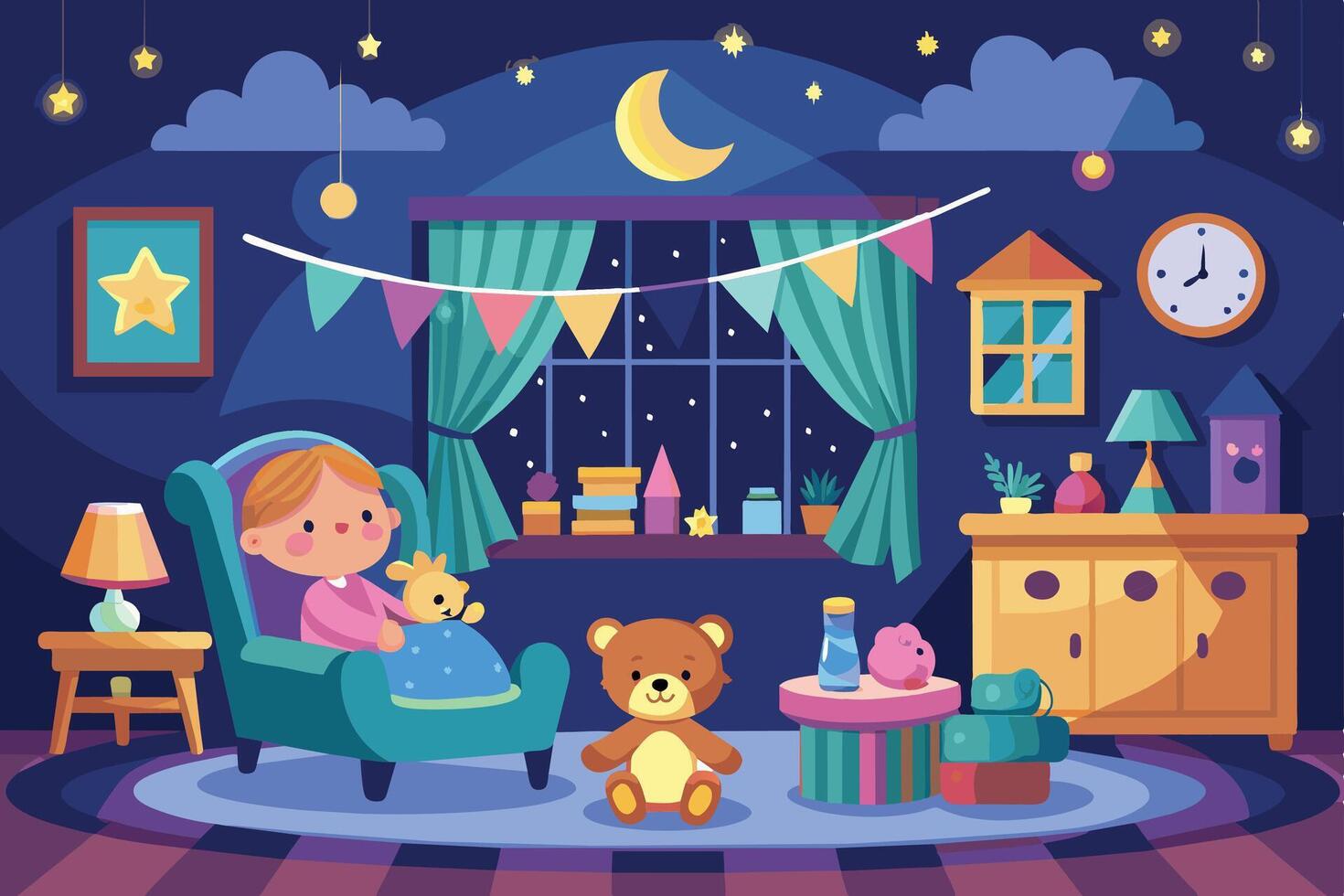 In a bedroom at night, a child sits surrounded by toys and decorations. Colorful flags and stars adorn the room, while the window displays a crescent moon. vector