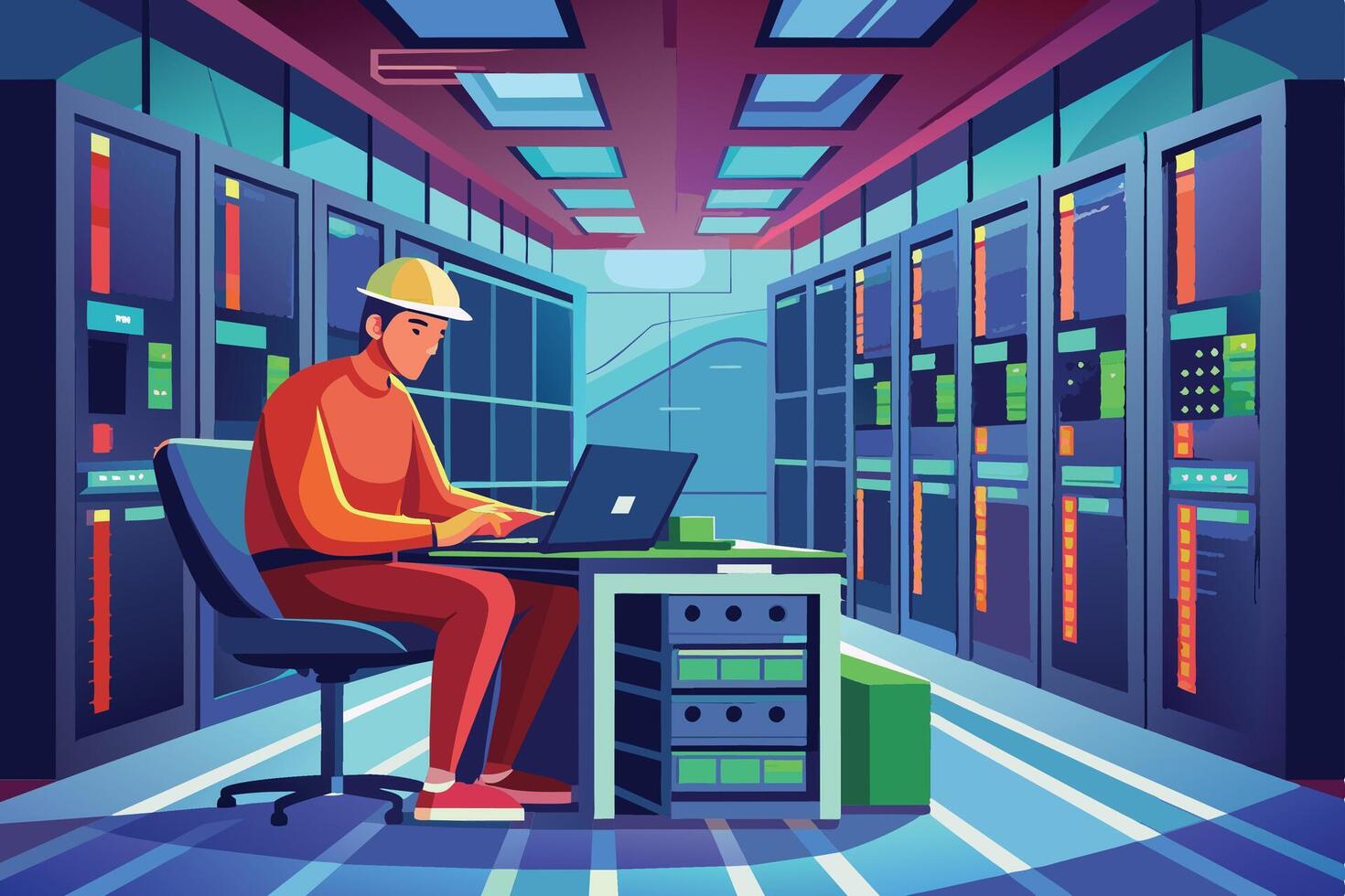 A technician wearing a hardhat sits at a desk, working on a laptop in front of a row of servers in a data center. vector