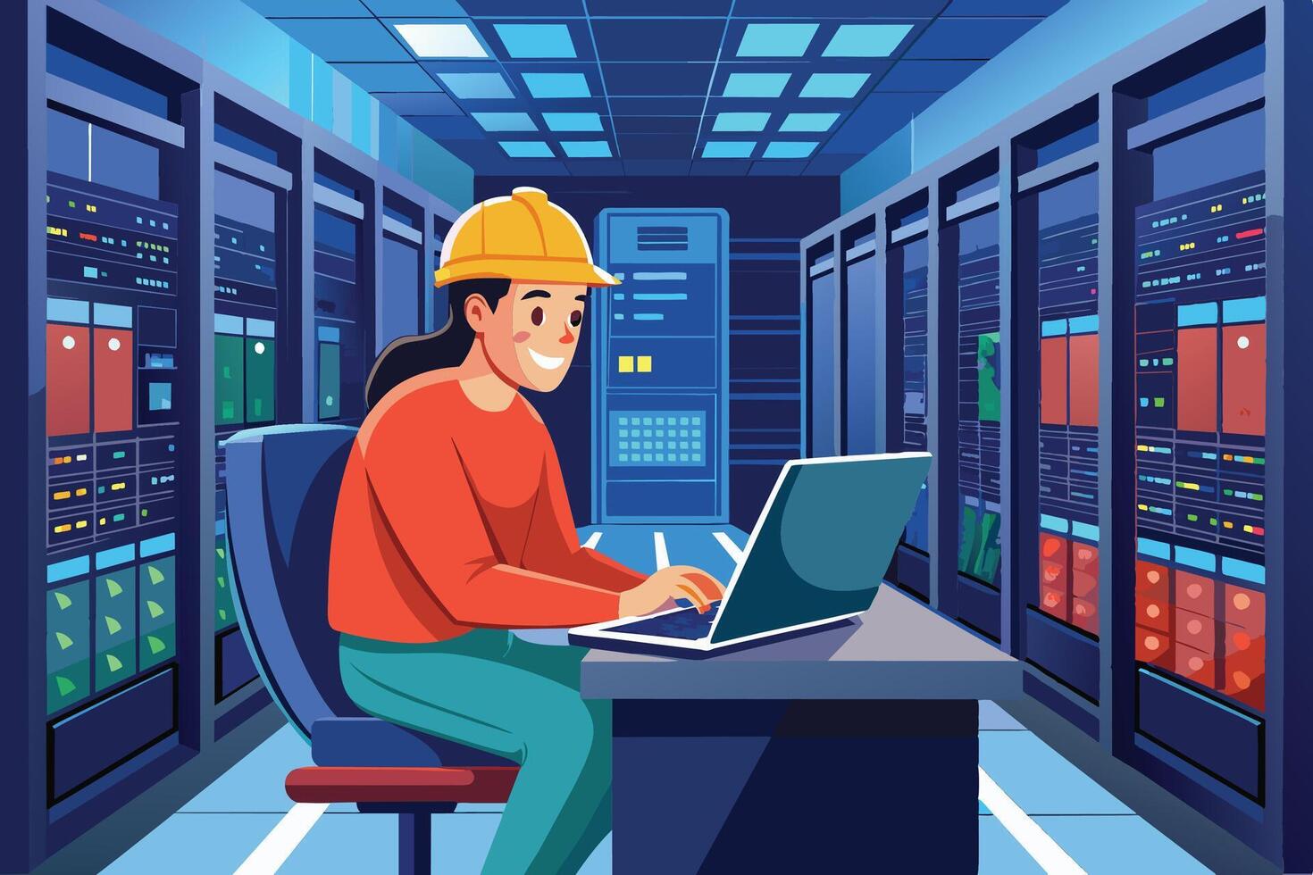 A woman wearing a hard hat sits at a desk in a server room, working on a laptop. vector