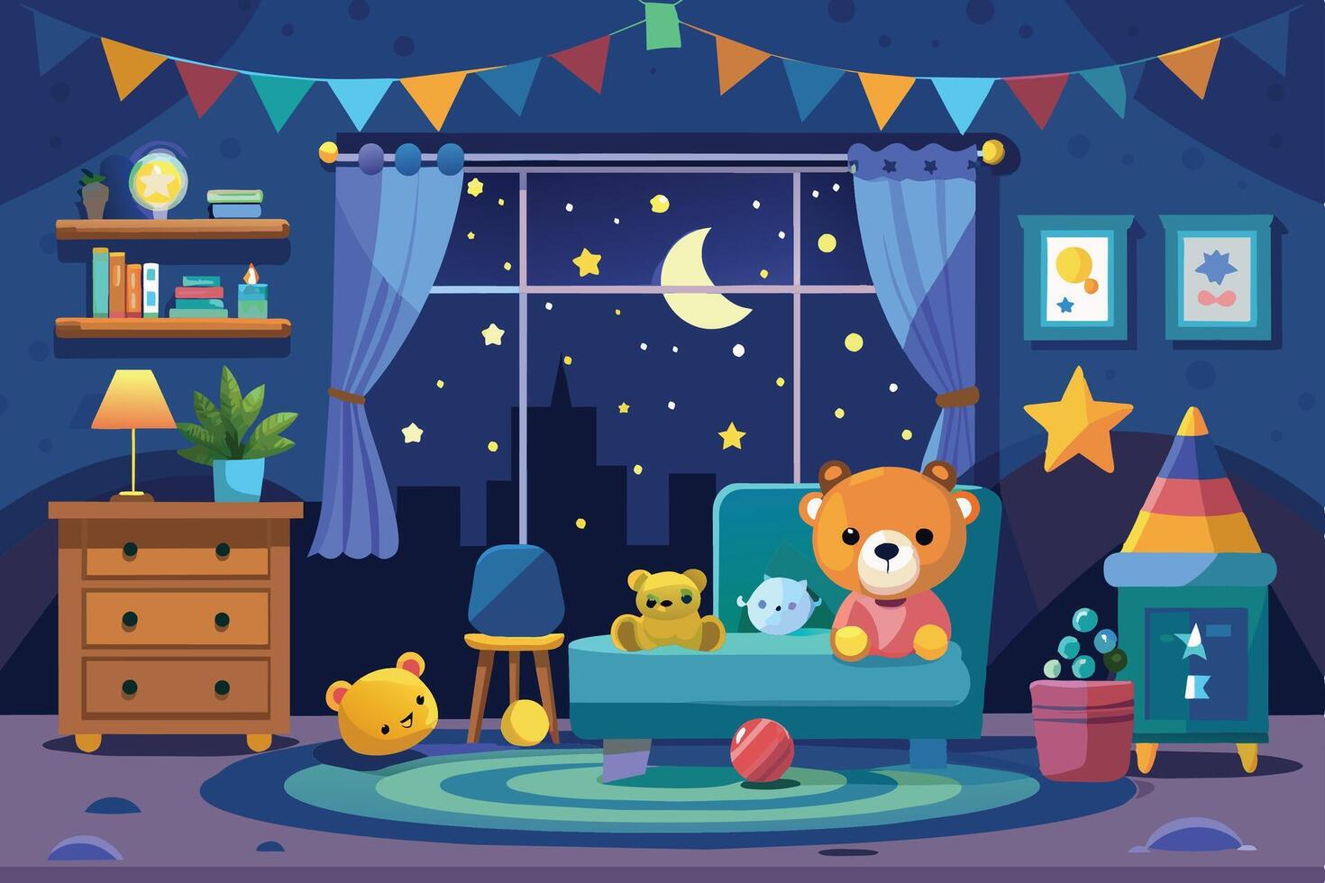 A cartoon illustration of a bedroom at night with a view of a city skyline. The room is decorated with colorful stuffed animals, a lamp, and a bookshelf. vector