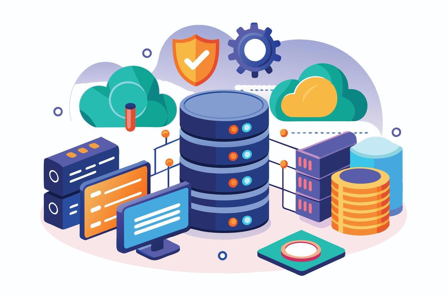 ilustración de un seguro nube informática sistema con múltiple servidores, datos almacenamiento, y un seguro bloquear icono. vector