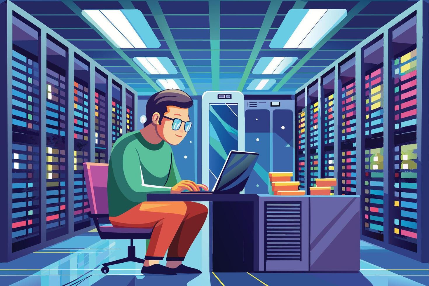 A man is working on a laptop in a server room. He is sitting at a desk in front of a row of servers. vector